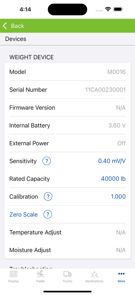 Weight device settings screen in the Libra Harvest app displaying technical specifications like model and battery life.