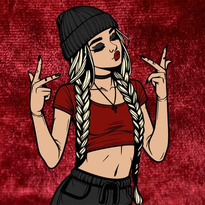 realistic teenage girl with braids and a beanie and crop top doing 🫶🏼