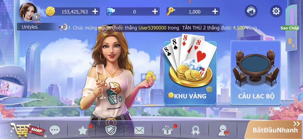 phom - Main menu of the Phom card game app showing character profile and game modes