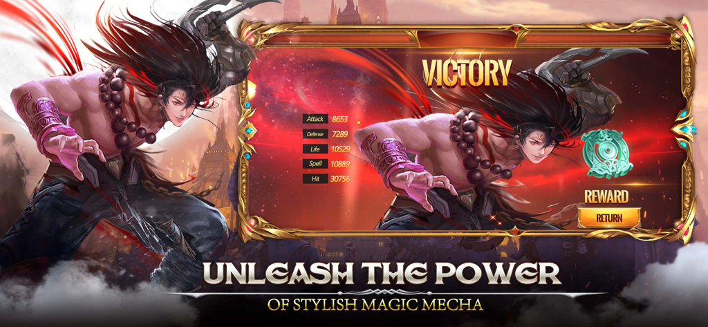 Light of Chaos - Tela de vitória no jogo mobile Light of Chaos mostrando atributos de personagem e recompensas