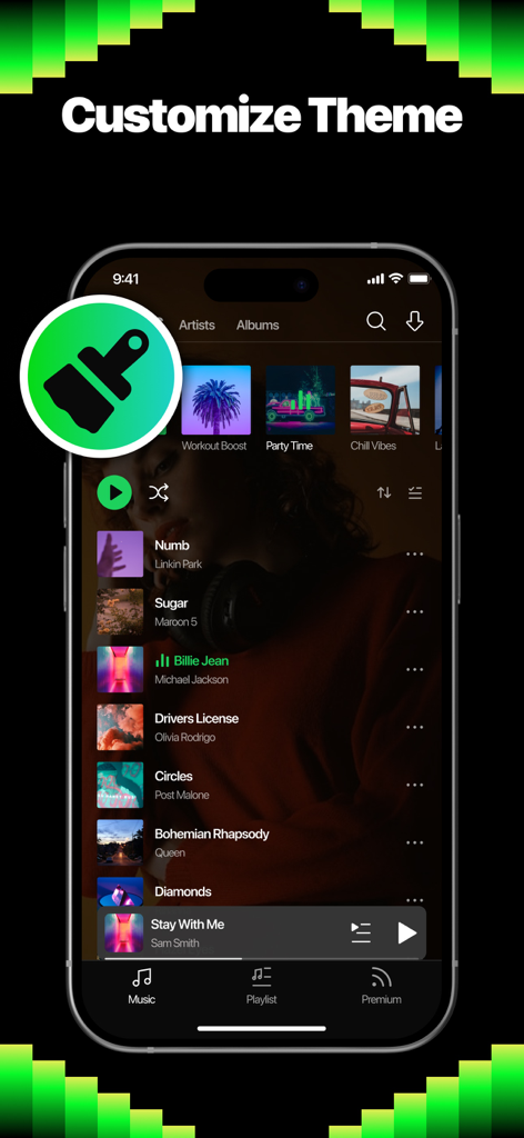 Offline music & local player - Pantalla de smartphone que muestra la función de personalización de tema de la aplicación de música sin conexión con un fondo personalizado y una lista de la biblioteca de música.