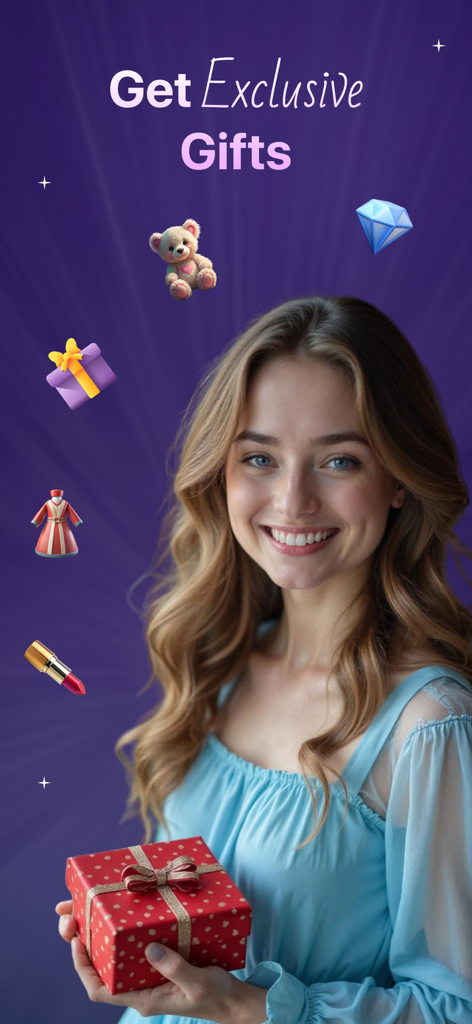 AI Girlfriend Fantasy - Rosify - Um personagem virtual sorridente segurando uma caixa de presente vermelha com ícones flutuantes de um ursinho de pelúcia, diamante e outros presentes