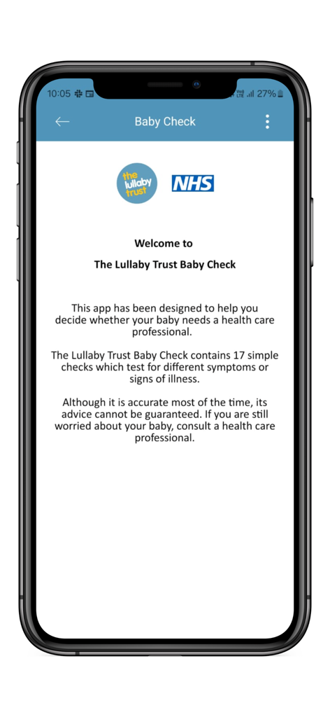 The Lullaby Trust Baby Check - The Lullaby Trust Baby Check app introduction screen with NHS logo