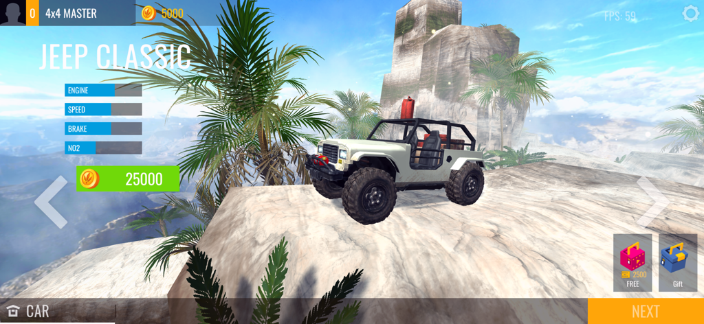 Mountain Climb 4x4 Car Driving - White Jeep Classic off road vehicle selection screen in Mountain Climb 4x4 game