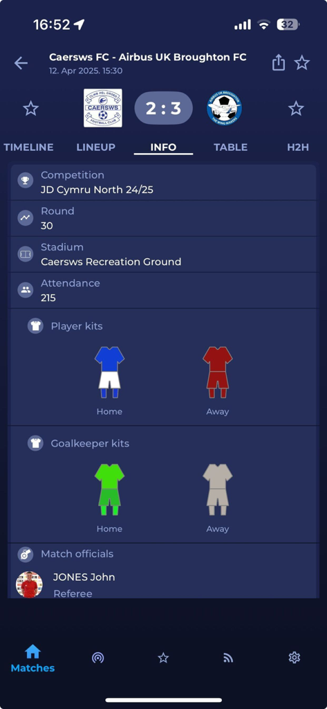 Cymru Football - ウェールズのサッカーの試合のスコア、スタジアムの詳細、チームキットを示すCymru Footballアプリの試合情報画面。