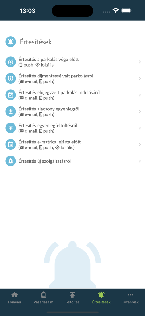 Nemzeti Mobilfizetési Rendszer - Pantalla de configuración de notificaciones de la aplicación nacional húngara de pago móvil que muestra alertas de aparcamiento y viñetas electrónicas