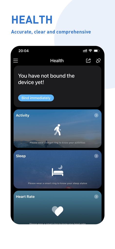 Panel de control de la aplicación móvil QRing con seguimiento de actividad, sueño y ritmo cardíaco