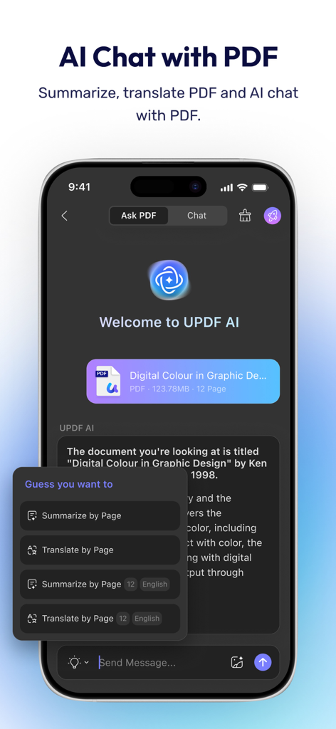 Oberfläche des KI-gestützten PDF-Editors UPDF, der KI-Chat-Funktionen wie das Zusammenfassen und Übersetzen von Dokumenten auf einem Mobilgerät demonstriert.
