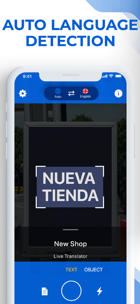 Aplicativo Tradutor de Fotos mostrando detecção automática de idioma traduzindo uma placa em espanhol para inglês