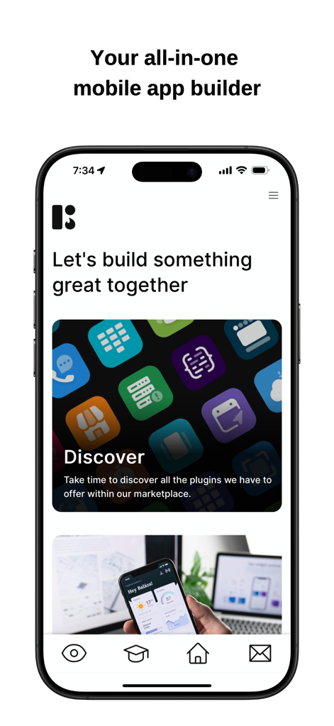 Buildfire - Smartphone showing the BuildFire app home screen with the headline your all in one mobile app builder