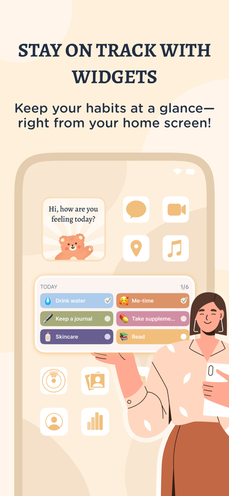 TeddyCare app home screen widgets displaying daily habits and mood tracking