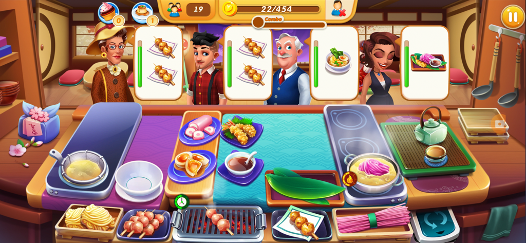 In-game screenshot of Cooking Tour showing a Japanese restaurant kitchen and customers