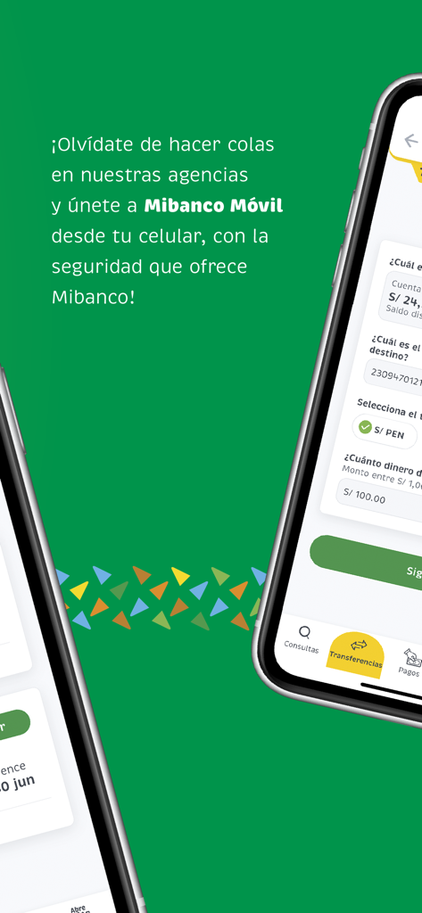 Smartphone screen displaying the Mibanco Movil app with a money transfer interface for digital banking.