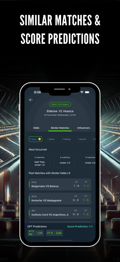 BetTips: Match Prediction - BetTips mobile app interface showing AI soccer score predictions and similar match historical data.