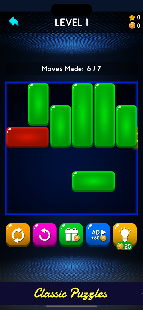 Q Block: Unblock Puzzle Board - Tela de jogo do Q Block mostrando um tabuleiro de quebra-cabeça de blocos deslizantes no nível 1