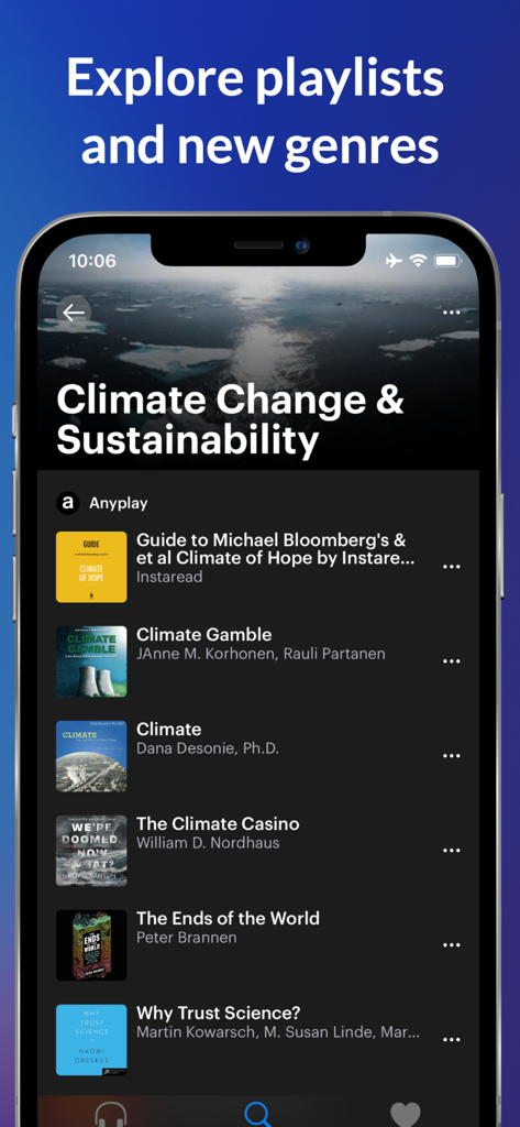 Anyplay app interface showing a curated climate change and sustainability audiobook playlist