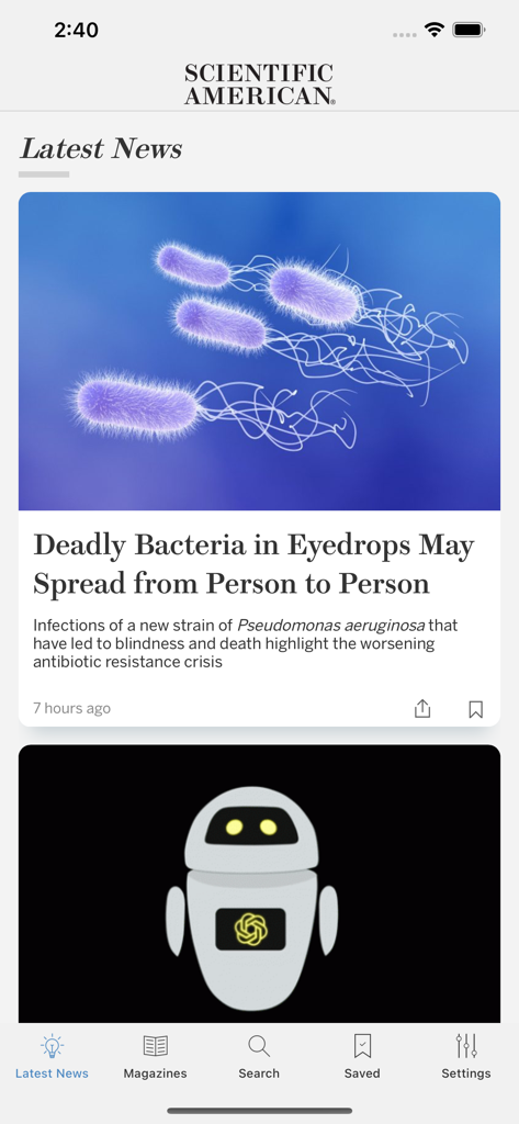 Scientific American app displaying the latest news section with articles about biology and artificial intelligence.