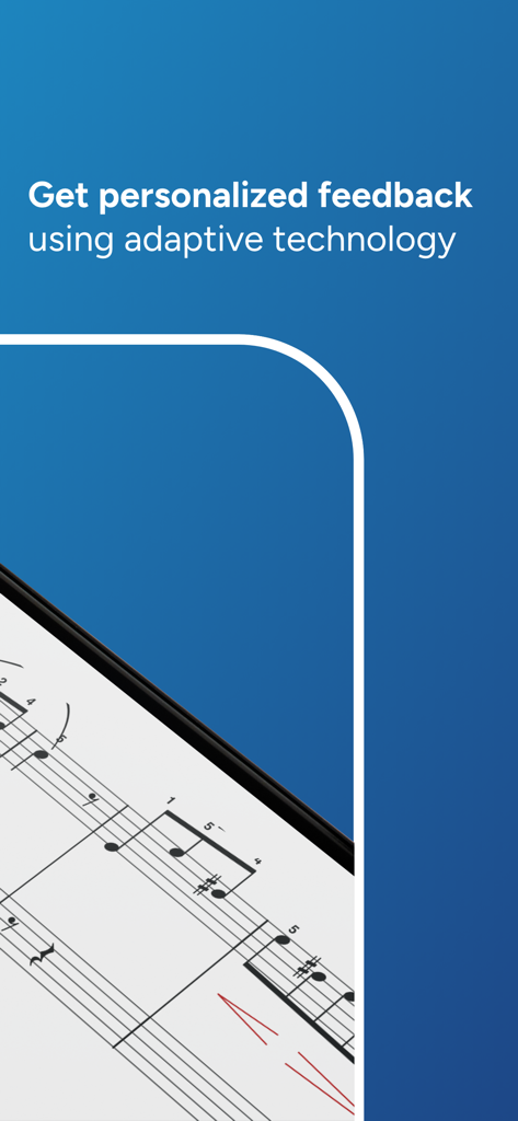 Piano Marvel - Lessons & Music - Digital sheet music displayed on a tablet with text highlighting personalized feedback through adaptive technology