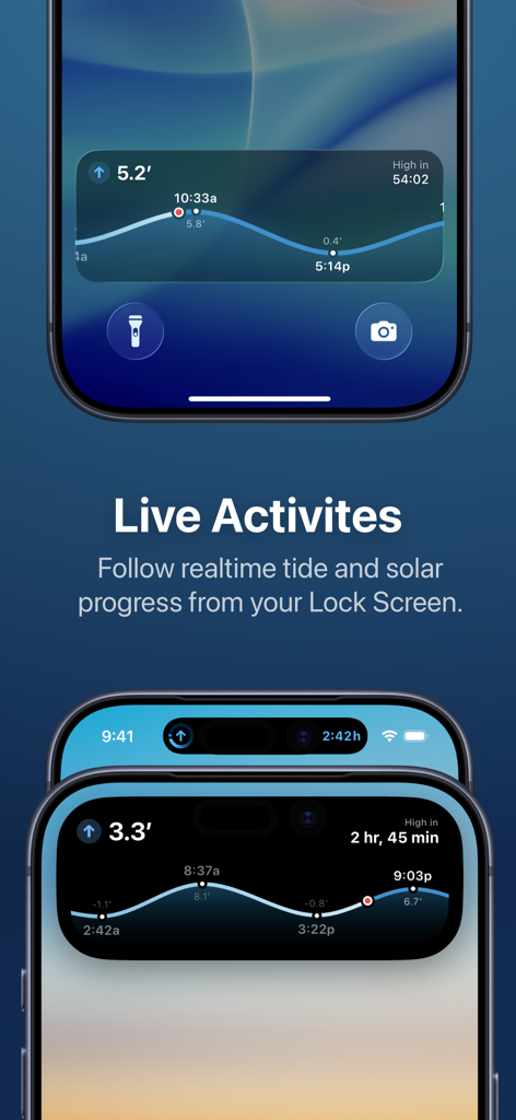Tide Guide app displaying real-time tide charts and progress on an iPhone Lock Screen and Dynamic Island