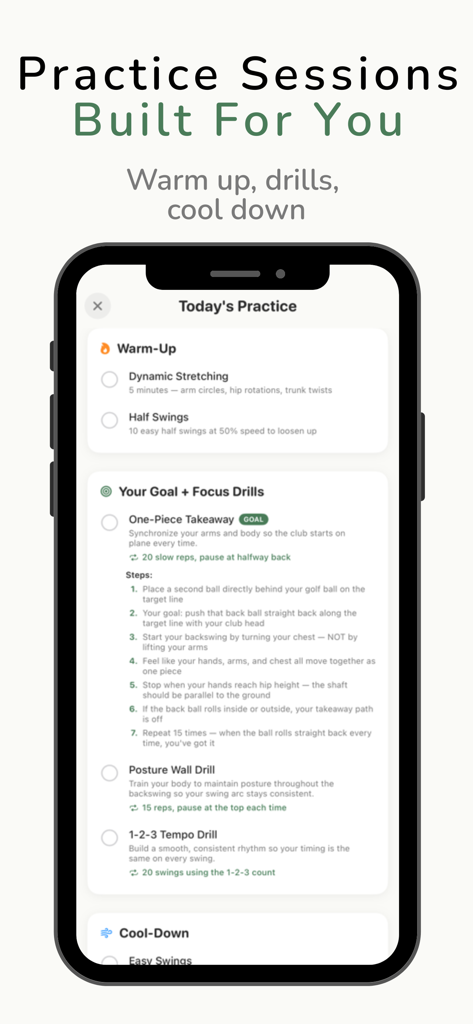 The Swing Sensei - Personalized golf practice session with warm up and drills in The Swing Sensei app
