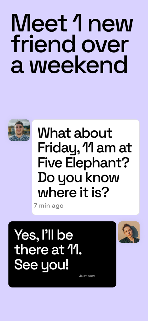 Wooh: meet new friends - A screenshot of the Wooh app displaying a chat conversation between two users arranging an in-person meeting over the weekend.