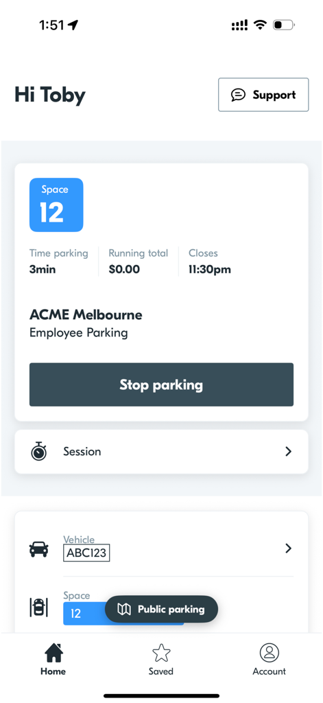 The Parkable app interface displaying an active employee parking session with space details and duration