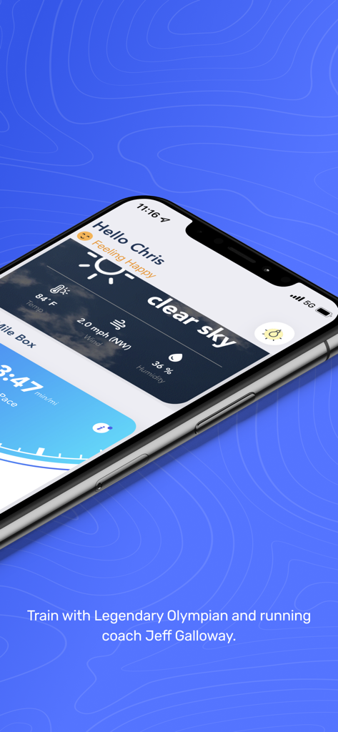 Jeff Galloway Run Walk Run - Smartphone screen displaying the Jeff Galloway Run Walk Run app dashboard with weather updates and pace tracking