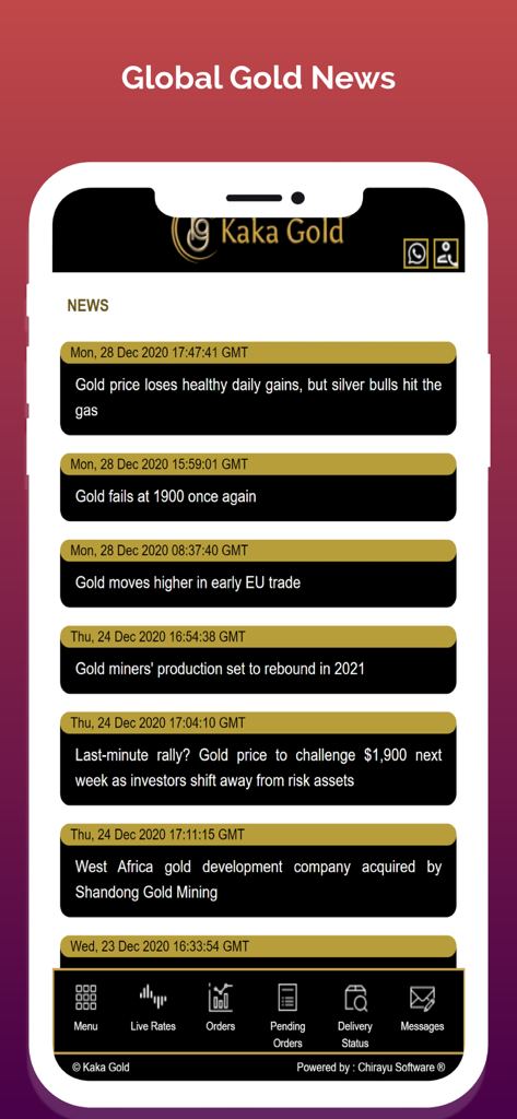 Kaka Spot - Pantalla de la aplicación móvil Kaka Spot que muestra titulares de noticias de oro globales y actualizaciones del mercado financiero para oro y plata.