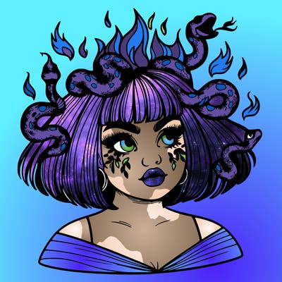 a plus size girl with short hair and snakes coming off her head like medusa, and flames in her eyes, beautiful and realistic