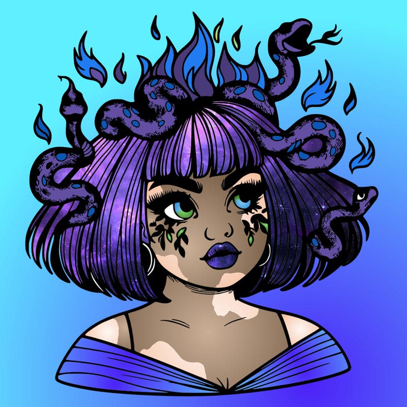 a plus size girl with short hair and snakes coming off her head like medusa, and flames in her eyes, beautiful and realistic
