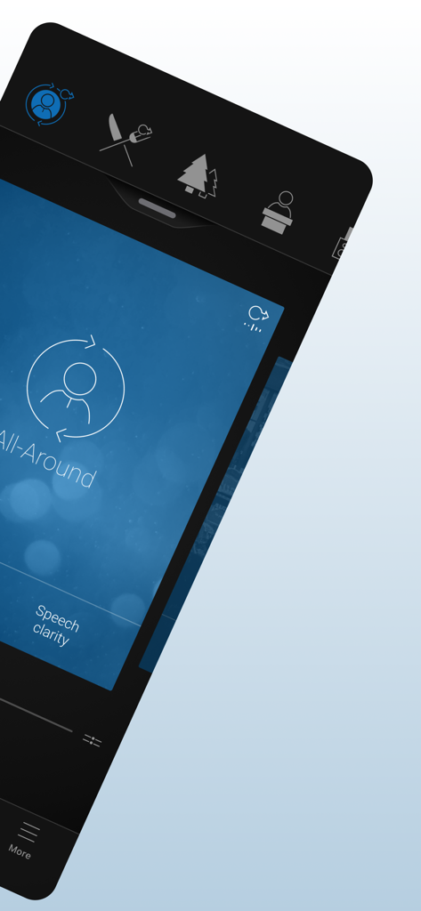 Tela do smartphone mostrando a interface do aplicativo Beltone HearPlus com predefinições de programas de aparelhos auditivos e configurações de clareza de fala.