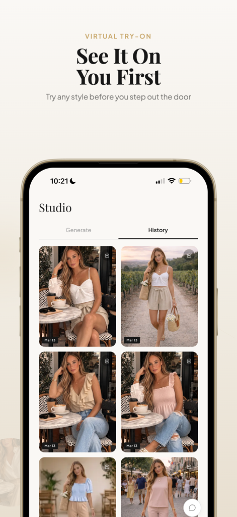 A grid of AI generated virtual try on outfits in the Style Mirror app history tab