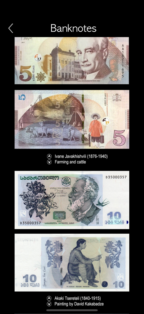 Uma tela exibindo notas bancárias georgianas com descrições de figuras históricas e arte cultural no aplicativo Palavras e Escrita Georgiana.