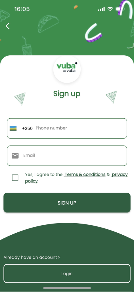 Vuba Vuba - Sign up screen for the Vuba Vuba food delivery app with phone number and email input fields