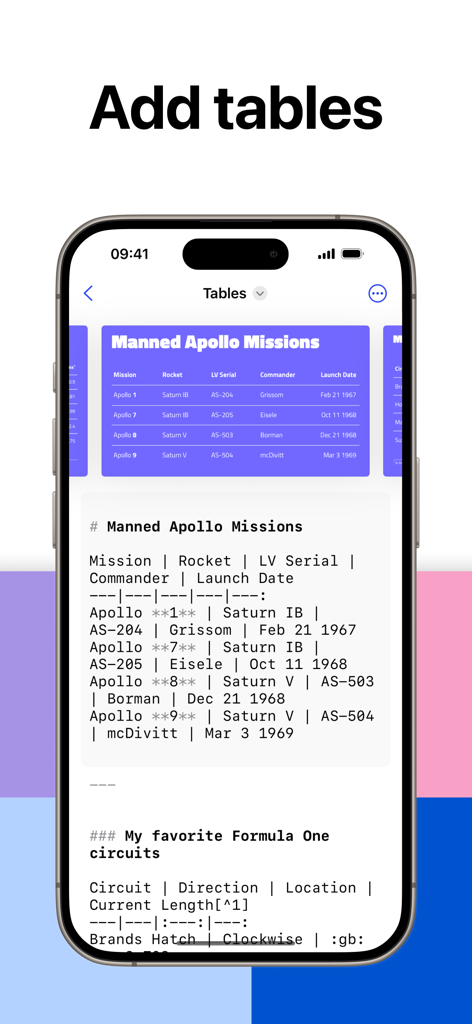 Deckset: Your Notes to Slides - Deckset app displaying a markdown editor and a rendered slide with a table about Apollo missions