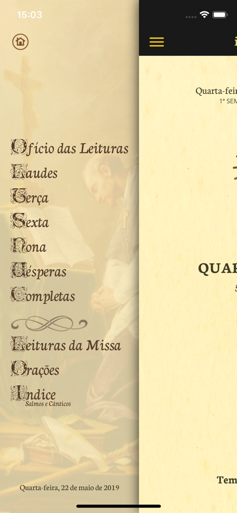 iLiturgia - Menu lateral do aplicativo iLiturgia exibindo as horas canônicas e as leituras da missa diária em português.