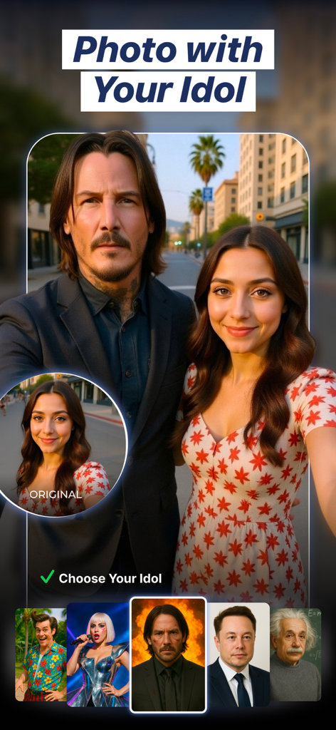 Photica (Pixly)・Photo Animator - A user interface from the Photica app showing a woman taking an AI generated photo with a celebrity idol