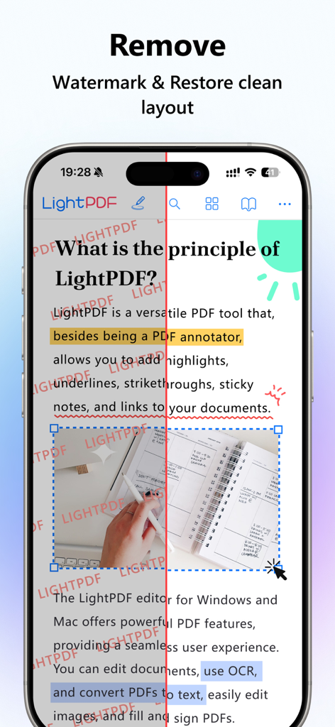 Before and after comparison of a PDF document showing the removal of red watermarks and restoration of a clean layout using LightPDF.