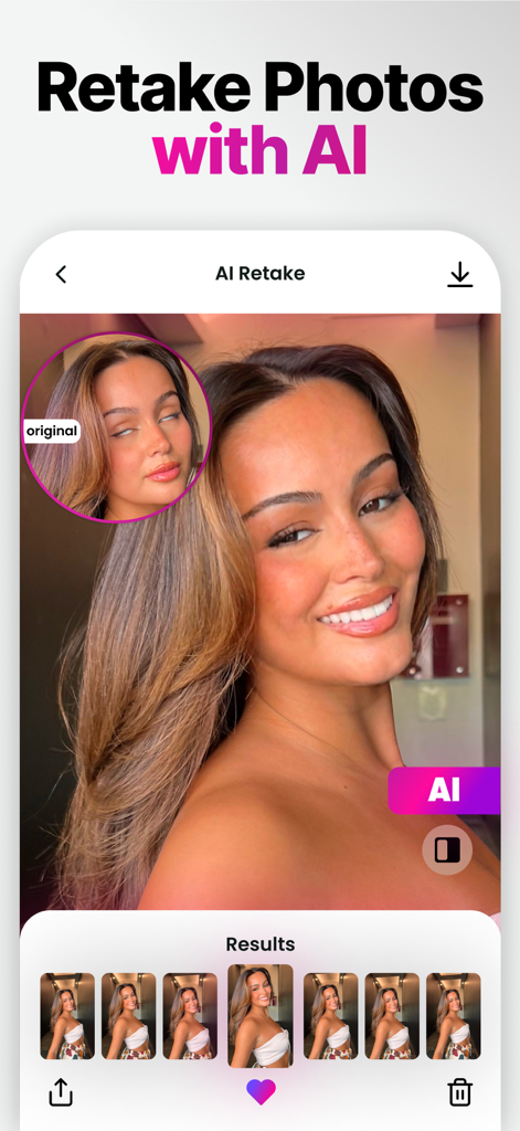 Retake AI app interface showing a bad original photo with closed eyes being fixed into a perfect natural selfie