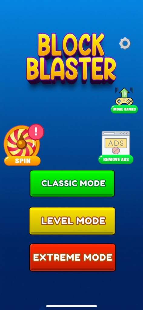 Block Blast - Puzzle Master - Main menu of Block Blast Puzzle Master app displaying Classic Mode Level Mode and Extreme Mode buttons
