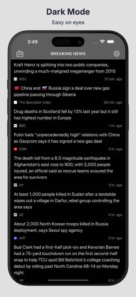 Breaking News app interface in dark mode displaying a list of recent headlines from trusted global news sources