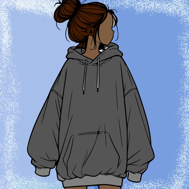 realistic girl with a oversized sweatshirt on and a bun