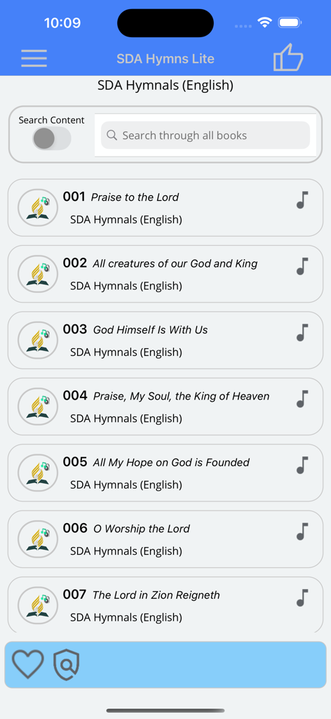 SDA Hymns Lite - Screen showing a list of Seventh-day Adventist hymns in English with search bar.