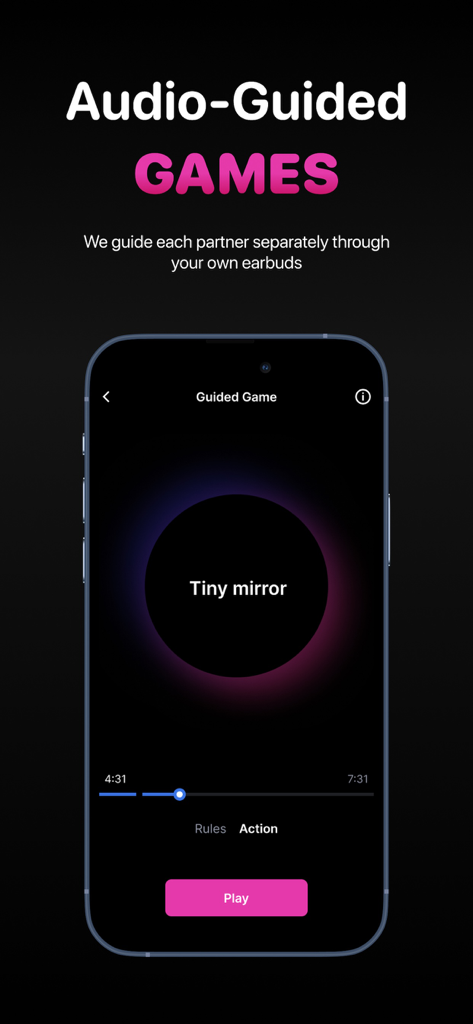 Ferve: Couples & Relationship - Ferve app screen showing an audio guided intimacy game for couples titled Tiny Mirror