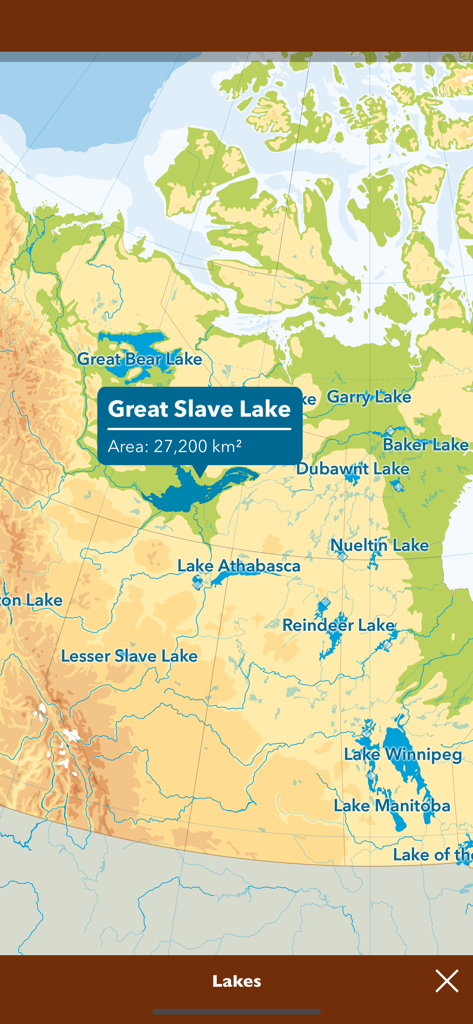 Mapa interactivo de lagos canadienses que muestra información geográfica para el Gran Lago Esclavo