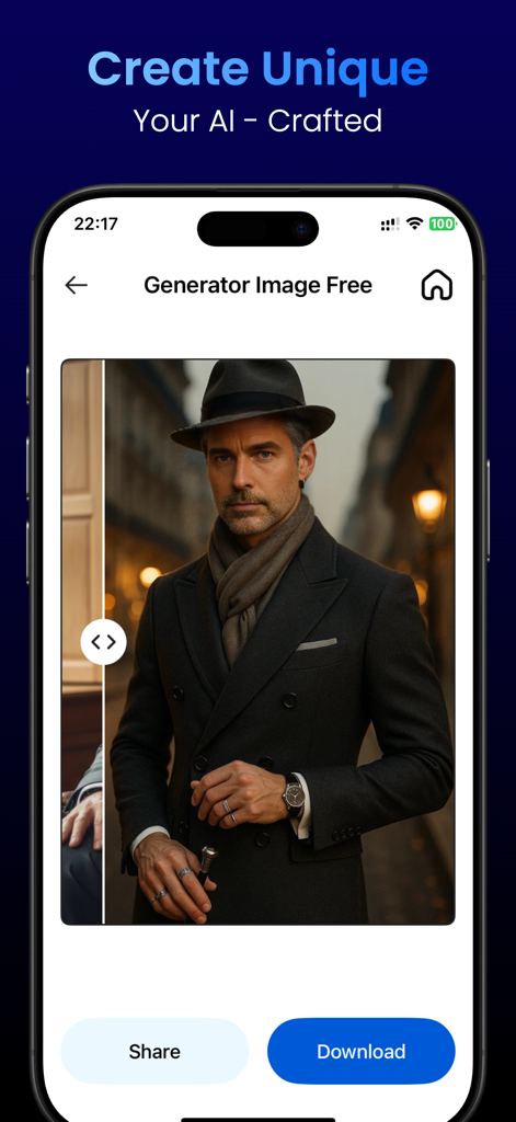 AuraAI: Photo Generator - AuraAI app interface with a high quality AI generated portrait of a man in a coat and hat