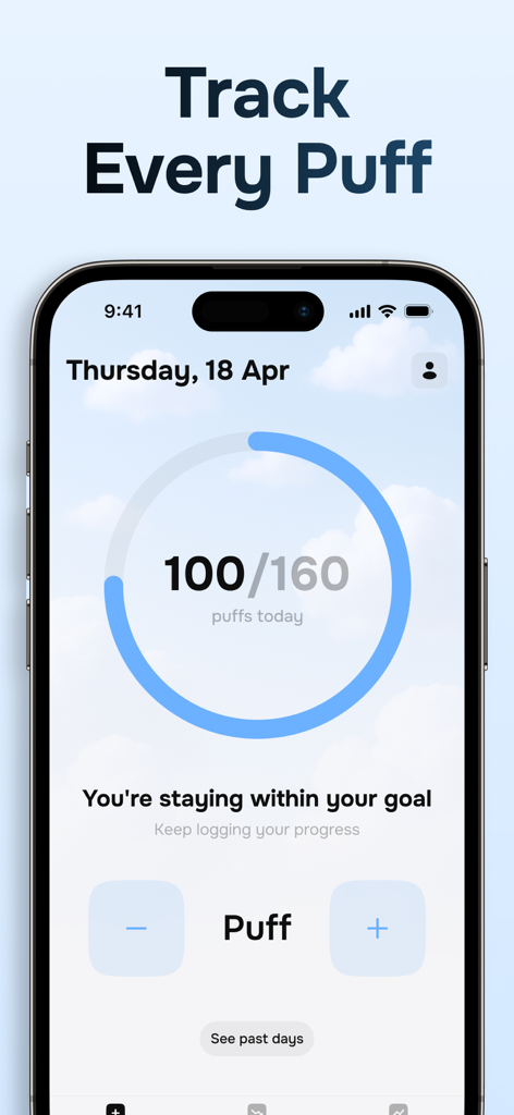 Puff Count: Quit Vaping App - A mobile app interface showing a circular progress bar tracking 100 out of 160 daily vaping puffs.