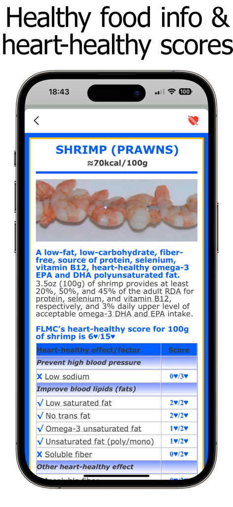 Nutritional profile and heart-healthy score for shrimp showing sodium and fat levels for cardiovascular management.
