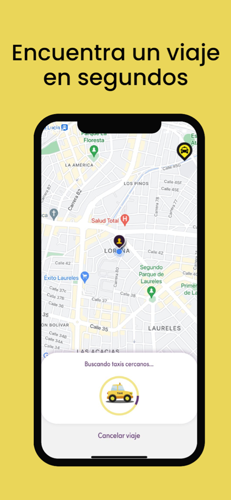 Interface do aplicativo Voy en Taxi mostrando um mapa e procurando táxis próximos
