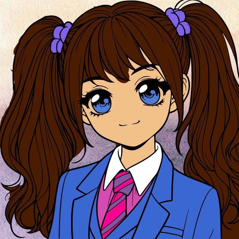 realistic girl with two ponytails and a suit on
